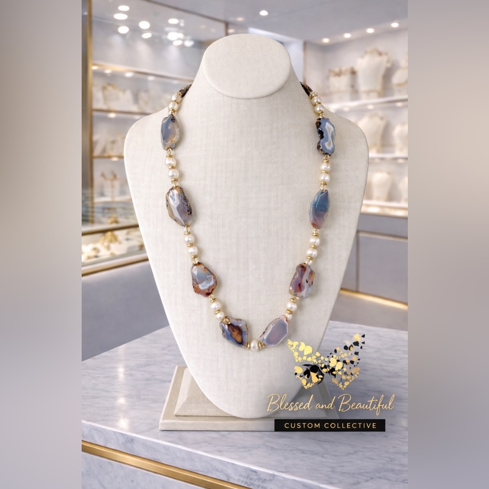 BOTSWANA AGATE AND FRESHWATER PEARL NECKLACE WITH GOLD ACCENTS